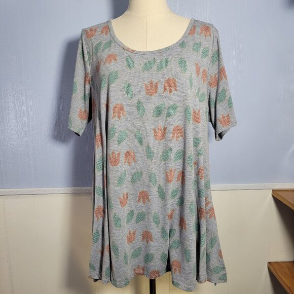 Lularoe Large Light Gray Orange Tulip Floral Print Flowy Shortsleeve Tunic Top - Picture 1 of 9